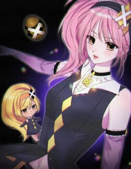 Rule 34 | 2girls, absurdres, amulet dia, black dress, black gloves, blonde hair, choker, commentary request, dark jewel, dia (shugo chara!), dress, elbow gloves, gloves, headband, heart's egg (shugo chara!), highres, hinamori amu, humpty lock (shugo chara!), knn nabi, korean commentary, looking at viewer, multiple girls, pink hair, ponytail, shugo chara!, side ponytail, sidelocks, sleeveless, swept bangs, x-egg (shugo chara!)