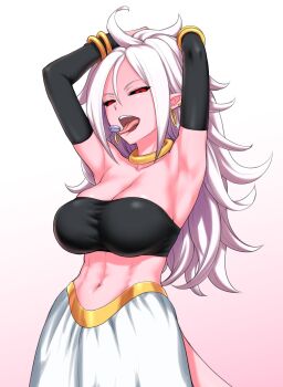 Rule 34 | 1girl, abs, android 21, armpits, bandeau, bare shoulders, black bandeau, black gloves, black sclera, black tube top, bracelet, breasts, cleavage, collarbone, colored sclera, colored skin, dark persona, detached sleeves, dragon ball, dragon ball fighterz, earrings, elbow gloves, female focus, gloves, gold bracelet, gold earrings, highres, hoop earrings, jewelry, large breasts, long hair, majin android 21, midriff, navel, neck ring, pink skin, red eyes, solo, spiked hair, st.germain-sal, teeth, tongue, tongue out, tube top, upper teeth only, very long hair