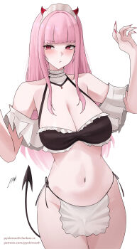 1girl :/ absurdres alternate_costume apron bare_shoulders bikini black_bikini blunt_bangs blush breasts choker cleavage commentary demon_horns demon_tail fanbox_username fingernails frilled_bikini frilled_choker frills halterneck hands_up highres hololive hololive_english horns large_breasts long_hair long_sidelocks looking_at_viewer maid maid_apron maid_bikini maid_headdress mori_calliope navel off_shoulder patreon_username pink_hair pynkmouth red_hair red_nails sharp_fingernails side-tie sidelocks signature simple_background solo stomach swimsuit tail unconventional_maid virtual_youtuber waist_apron white_background