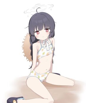 ahoge arsyky14 bare_shoulders black_hair blue_archive blunt_bangs braid crocs flat_chest halo hat highres image_sample loli looking_at_viewer low_twin_braids miyu_(blue_archive) miyu_(swimsuit)_(blue_archive) red_eyes shy sun_hat sweat swimsuit twin_braids twitter_sample