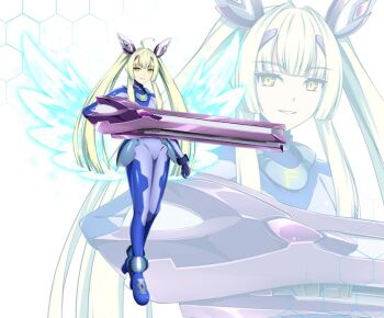 1girl ahoge alternate_costume amakubo_yuri blue_bodysuit blue_gloves bodysuit breasts commission energy_wings exs-tia_flora full_body gloves green_hair gun holding holding_gun holding_weapon honeycomb_(pattern) kouyoku_senki_exs-tia long_hair looking_at_viewer lyrical_nanoha mahou_shoujo_lyrical_nanoha_strikers mecha_musume multicolored_bodysuit numbers&#039;_uniform numbers_(nanoha) oshimaru026 sidelocks skeb_commission skin_tight smile solo twintails weapon wings yellow_eyes zoom_layer