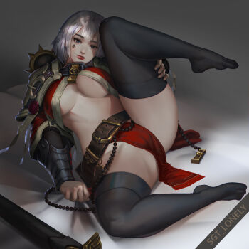 adepta_sororitas armor belt black_thighhighs breasts cameltoe facial_tattoo fleur-de-lis full_body gauntlets highres leg_up legs loincloth paid_reward_available pauldrons pelvic_curtain plantar_flexion purity_seal sgt_lonely shoulder_armor sisters_of_battle tattoo thighhighs thighs underboob warhammer_40k white_hair
