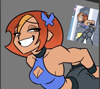 1girl 2026 armband ass badjujuarts baggy_pants bent_over blonde_streaks blue_shirt breasts bug butterfly butterfly_(planetronika) butterfly_hair_ornament cleavage cleavage_cutout clothing_cutout commentary crop_top cropped_shirt english_commentary grabbing_own_ass grey_background grin hair_between_eyes hair_ornament half-closed_eyes halterneck highres insect medium_breasts medium_hair multicolored_hair navel orange_hair pants planetronika purple_background reference_inset shirt smile streaked_hair upper_body
