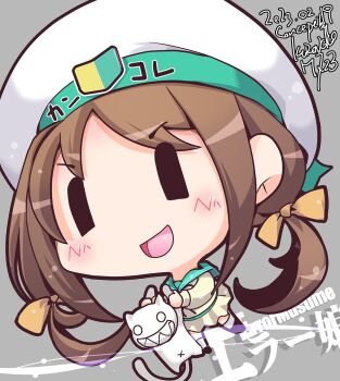 Rule 34 | 1girl, animal, aqua sailor collar, brown hair, cat, character name, chibi, error musume, girl holding a cat (kancolle), hat, highres, holding, holding animal, kantai collection, kuroneko (kuroneko works), long hair, long sleeves, miniskirt, pleated skirt, sailor collar, sailor hat, shirt, skirt, solid oval eyes, solo, twintails, white hat, yellow shirt, yellow skirt