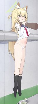 1boy 1girl absurdres animal_ear_fluff animal_ears black_socks blonde_hair blue_archive bruise bruise_on_stomach commentary dark-skinned_male dark_skin disembodied_hand english_commentary fox_ears fox_girl full_body grabbing_another's_arm green_eyes green_halo halo hanging_legs highres indoors ju_ge kurumi_(blue_archive) long_hair long_sleeves navel neck_grab neckerchief no_pants open_mouth panties red_neckerchief ryona sailor_collar school_uniform serafuku shoes socks solo_focus stomach strangling suspension sweat tears triangle_halo underwear unworn_shoes very_long_hair white_panties