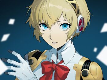 1girl aigis_(persona) android blonde_hair blue_background blue_eyes blurry blurry_background bow commentary english_commentary gold_hairband hair_between_eyes hairband hand_up highres joints looking_at_viewer ogawa_gozen parted_lips persona persona_3 portrait red_bow robot_ears robot_joints short_hair solo wing_collar