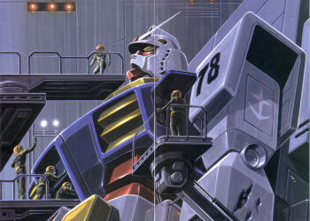 1970s_(style) 1980s_(style) 5boys absurdres damaged earth_federation emblem exposed_internal_machinery gundam hangar highres logo machinery mecha mobile_suit mobile_suit_gundam multiple_boys official_art oldschool ookawara_kunio painting_(medium) production_art realistic retro_artstyle robot roundel rx-78-2_gundam scan science_fiction spacecraft_interior spacesuit traditional_media v-fin white_base yellow_eyes zero_gravity