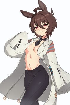 1girl adapted_costume agnes_tachyon_(tach-nology)_(umamusume) agnes_tachyon_(umamusume) ahoge animal_ears black_necktie black_pants breasts brown_hair coat hair_between_eyes half-closed_eyes highres horse_ears horse_girl looking_at_viewer navel necktie no_bra no_shirt oniyanna open_clothes open_coat pants red_eyes short_hair short_necktie simple_background sleeves_past_fingers sleeves_past_wrists small_breasts smile solo test_tube umamusume very_long_sleeves white_background white_coat