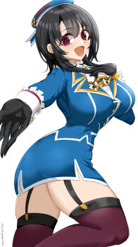 1girl ascot back beret black_gloves black_hair black_thighhighs blue_hat blush breasts chamumi_(mochiumee) commentary_request cowboy_shot garter_straps gloves hat highres jacket kantai_collection large_breasts looking_at_viewer military military_jacket military_uniform open_mouth pencil_skirt red_eyes short_hair skirt smile solo takao_(kancolle) thighhighs twitter_username white_background