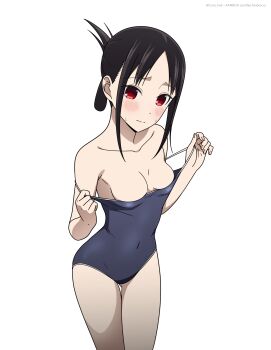 1girl bare_shoulders black_hair blue_one-piece_swimsuit blush breasts clothes_pull collarbone commentary coro_fae covered_navel cowboy_shot english_commentary folded_ponytail hands_up highres kaguya-sama_wa_kokurasetai_~tensai-tachi_no_renai_zunousen~ looking_at_viewer one-piece_swimsuit one-piece_swimsuit_pull red_eyes school_swimsuit shinomiya_kaguya simple_background small_breasts solo swimsuit thighs white_background