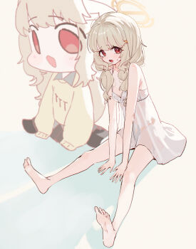 1girl aoba_(blue_archive) barefoot blonde_hair blue_archive breasts camisole character_doll doll full_body halo highres light_blush loli long_hair looking_at_viewer low_twintails okottaroba open_mouth red_eyes simple_background sitting small_breasts solo stuffed_toy sweatdrop twintails white_background white_camisole