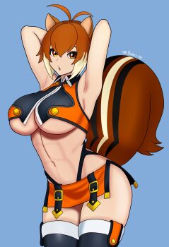 1girl absurdres animal_ears antenna_hair arc_system_works arms_behind_head artist_name blazblue blue_background bojack198 breasts brown_eyes brown_hair crop_top extreme_crop_top female_focus fingerless_gloves gloves highres large_breasts looking_at_viewer makoto_nanaya midriff multicolored_hair navel revealing_clothes short_hair simple_background skirt solo squirrel_ears squirrel_tail tail thighhighs twitter_username two-tone_hair underboob