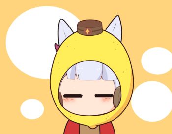 1girl animal_ears blush_stickers brown_background brown_hat brown_shirt chibi closed_eyes ear_covers gold_ship_(casual)_(umamusume) gold_ship_(umamusume) gomashio_(goma_feet) grey_hair hat horse_ears jacket mini_hat open_clothes open_jacket red_jacket shirt solo umamusume upper_body