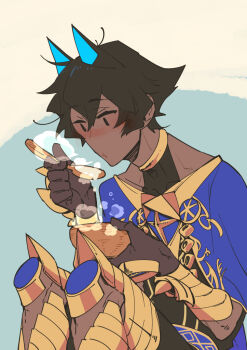 Rule 34 | 1boy, arjuna (fate), arjuna alter (fate), blowing on food, blue cape, bowl, cape, choker, collarbone, dark-skinned male, dark skin, fate/grand order, fate (series), hair between eyes, holding, holding bowl, holding spoon, horns, knees up, kokujin youhei, male focus, short hair, sitting, solo, spoon, two-tone background