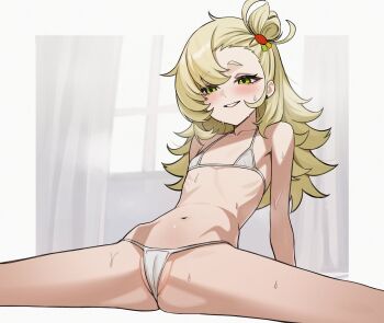 1girl absurdres arm_support ass bare_legs bare_shoulders bikini blonde_hair blush cameltoe curtains earrings feet_out_of_frame flat_chest green_eyes grin hair_between_eyes hair_bun half-closed_eyes highres jewelry loli long_hair looking_at_viewer navel parted_lips partially_visible_vulva petite piper_wheel recording senapops sitting smile solo spread_legs stomach sweat swimsuit thighs white_bikini window zenless_zone_zero