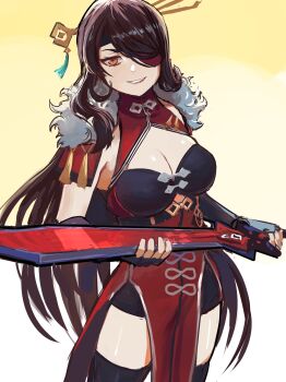 1girl absurdres asymmetrical_bangs beidou_(genshin_impact) belt belt_buckle black_belt black_headband black_leotard black_thighhighs blackcliff_slasher_(genshin_impact) breasts brown_hair buckle capelet chest_belt china_dress chinese_clothes cleavage cleavage_cutout clothing_cutout coattails collared_dress colored_eyepatch commentary contrapposto cowboy_shot curled_fingers dress elbow_gloves english_commentary eyebrows_hidden_by_hair eyepatch fingerless_gloves framed_breasts fur-trimmed_capelet fur_trim genshin_impact gift_art gloves gradient_background greatsword grin hair_ornament hair_over_one_eye hair_spread_out hair_stick hairpin half-closed_eyes headband high_collar highres holding holding_sword holding_weapon large_breasts leotard long_dress long_eyelashes long_hair long_sidelocks looking_at_viewer narrowed_eyes orange_eyes parted_bangs pelvic_curtain red_capelet red_dress side_slit sidelocks silver_trim sleeveless sleeveless_dress smile standing strapless strapless_leotard sword tassel teeth thick_eyelashes thighhighs thighs toggles underbust v-shaped_eyebrows vertigris very_long_hair weapon white_background yellow_background yellow_eyes