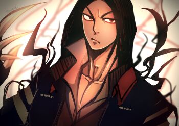 1boy alex_mercer artist_name claws commentary_request frown hood looking_at_viewer looking_to_the_side male_focus prototype_(game) red_eyes solo tendrils touoh upper_body