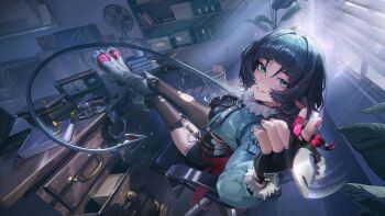 1girl absurdres animal_ear_piercing animal_ears black_gloves black_hair black_pantyhose black_shirt black_shorts black_thighhighs blue_jacket boots breasts chair commentary crossed_ankles dagger feet_on_table fingerless_gloves fingernails fur-trimmed_jacket fur_trim garter_straps gloves green_eyes grey_boots grin high-waist_shorts highres holding holding_dagger holding_knife holding_weapon indoors jacket jane_doe_(zenless_zone_zero) jiang_xiaowang knee_boots knife light_blush looking_at_viewer making-of_available mouse_ears mouse_girl mouse_tail necktie on_chair pantyhose pink_nails sharp_tail shirt shorts single_garter_strap single_leg_pantyhose single_thighhigh sitting smile solo table tail thighhighs torn_clothes torn_pantyhose torn_thighhighs weapon zenless_zone_zero