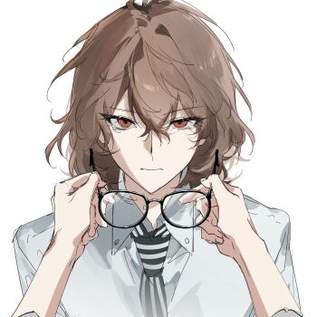 2boys akechi_gorou amamiya_ren black-framed_eyewear brown_hair closed_mouth collared_shirt commentary double-parted_bangs glasses hair_between_eyes highres male_focus mirotonuri multiple_boys necktie out_of_frame persona persona_5 red_eyes shirt simple_background solo_focus striped_clothes striped_necktie upper_body white_background white_shirt wing_collar