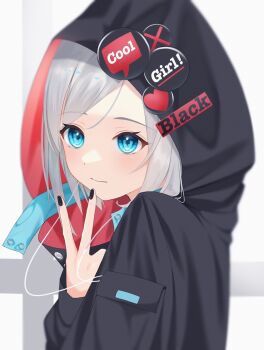 1girl badge black_nails blue_eyes blurry button_badge closed_mouth commentary depth_of_field english_text from_side grey_background grey_hair hand_up highres inward_v long_sleeves looking_at_viewer nail_polish original raincoat short_hair sleeves_past_wrists solo symbol-only_commentary turning_head upper_body v wanko_(yurika0320)