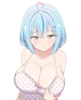 1girl ahoge blue_hair blush breasts camisole camisole_pull cleavage clothes_pull hair_ornament hairclip heart heart_ahoge hololive huge_breasts lips pointy_ears polka_dot polka_dot_camisole ren_0_(044ren) short_hair sleeveless smile solo virtual_youtuber white_background white_camisole yellow_eyes yukihana_lamy yukihana_lamy_(roomwear)
