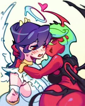 2girls angel_wings ass blush breasts bubene colored_skin cosplay crossover demon_girl demon_horns demon_tail filia_(skullgirls) fukua_(skullgirls) halo highres horns hug large_breasts looking_at_viewer multiple_girls open_mouth panty_&amp;_stocking_with_garterbelt purple_hair red_eyes red_skin scanty_(psg) scanty_(psg)_(cosplay) skullgirls smile stocking_(psg) stocking_(psg)_(cosplay) tail wings wrist_cuffs yellow_background