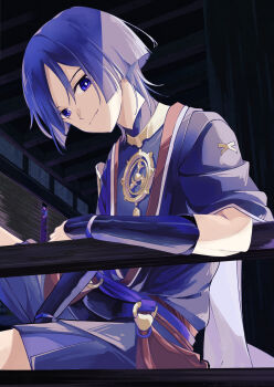 Rule 34 | 1boy, absurdres, against railing, arm at side, armor, black bodysuit, blunt ends, bodysuit, bright pupils, closed mouth, commentary request, furisode, genshin impact, gold, hair between eyes, hand between thighs, head tilt, highres, indoors, iwoarazumi129, japanese armor, japanese clothes, jewelry, juban, kimono, kote, kurokote, layered shorts, looking at viewer, male focus, mandarin collar, mitsudomoe (shape), neck ring, o-ring, open clothes, open kimono, pillar, purple eyes, purple hair, purple kimono, purple sash, purple shorts, purple sleeves, railing, red kimono, red sash, sash, scaramouche (genshin impact), short sleeves, shorts, single sode, sitting, smile, solo, tomoe (symbol), tsurime, white kimono, white pupils, white trim, window blinds, wooden ceiling