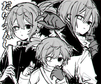 Rule 34 | 1boy, absurdres, arm up, bag, bug, butterfly, butterfly on hand, commentary request, double-parted bangs, greyscale, griffon0416, hair between eyes, heterochromia, highres, insect, ladybug, long sleeves, looking at viewer, male focus, monochrome, parted lips, puyopuyo, short hair, sidelocks, sig (puyopuyo), solo, translation request