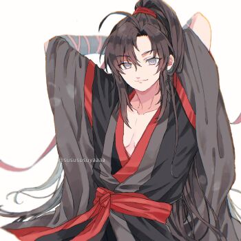 1boy ahoge arms_behind_head arms_up bishounen black_hair black_hanfu chinese_clothes closed_mouth collarbone grey_eyes hair_between_eyes hair_ribbon hanfu high_ponytail highres long_hair long_sleeves looking_at_viewer male_focus modao_zushi pectoral_cleavage pectorals ponytail red_ribbon red_sash ribbon robe sash sidelocks simple_background smile solo twitter_username upper_body vambraces very_long_hair wei_wuxian white_background wide_sleeves yaichi00