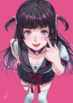 Rule 34 | 1girl, :p, bad id, bad pixiv id, black hair, blunt bangs, blush, breasts, choker, cleavage, collar, female focus, hand on own hip, heart, heart choker, kamiyama aya, long hair, looking at viewer, medium breasts, mole, mole under mouth, original, pink background, pleated skirt, purple eyes, school uniform, serafuku, simple background, skirt, smile, solo, thigh strap, thighhighs, tongue, tongue out, two side up, white thighhighs