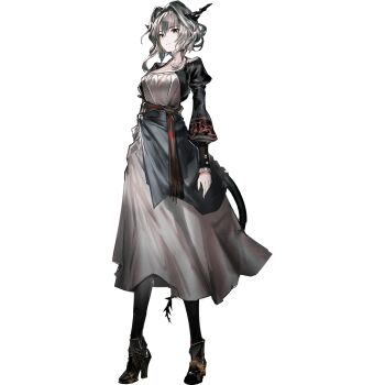 1girl arknights arm_at_side black_horns dress expressionless grey_hair hair_intakes high_heels highres horns long_sleeves official_alternate_costume official_art pantyhose solo standing tachi-e tail talulah_(arknights) third-party_source transparent_background yui_(niikyouzou)