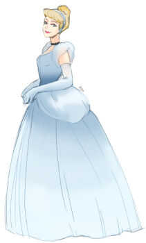 Rule 34 | 1girl, animification, ano (sbee), gown, blonde hair, blue dress, blue eyes, choker, cinderella (disney movie), dress, earrings, elbow gloves, gloves, hair bun, hairband, jewelry, looking at viewer, princess, princess dress, short hair, smile, solo
