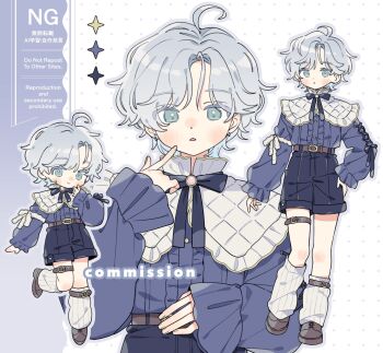 1boy :< ahoge belt black_bow black_bowtie black_shorts blue_eyes blue_shirt blush bow bowtie brown_shoes center_frills closed_mouth commentary commission cross-laced_shoes frills full_body grey_hair grey_outline highres kneehighs long_sleeves looking_at_viewer male_focus moi03_moi08 multiple_views open_mouth original outline parted_bangs polka_dot polka_dot_background shirt shoes short_hair shorts smile socks solo standing symbol-only_commentary thigh_belt thigh_strap watermark white_background white_socks