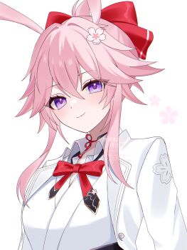 Rule 34 | 1girl, animal ears, bow, bowtie, breasts, coat, commentary request, dress, evanescia (honkai: star rail), fox ears, fox girl, highres, honkai: star rail, honkai (series), kino (curry pan), large breasts, looking at viewer, medium hair, purple eyes, red bow, red bowtie, simple background, smile, solo, upper body, white background, white coat, white dress