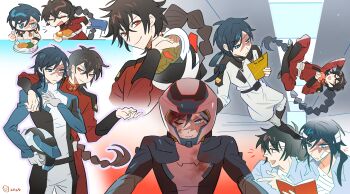 2boys absurdres bandage_on_face bandaged_head bandages black_hair blue_eyes blue_hair braid cosplay crossover fieeeeee floating food gundam gundam_seed helmet highres holding holding_unworn_helmet judal long_hair magi_the_labyrinth_of_magic male_focus military military_uniform multiple_boys pants pilot_helmet pilot_suit red_eyes red_hair red_uniform ren_hakuryuu scar short_hair single_braid smile unworn_helmet white_uniform zaft_uniform