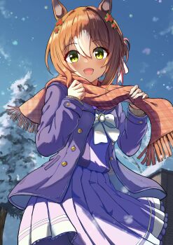 1girl absurdres animal_ears blurry blurry_background blush breasts commentary_request fine_motion_(umamusume) green_eyes hair_between_eyes hair_ornament highres horse_ears ikaashi_you jacket looking_at_viewer open_mouth ribbon scarf school_uniform sky small_breasts snowing solo thighhighs tracen_school_uniform umamusume winter_uniform