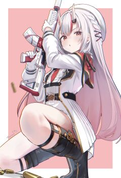 Rule 34 | 1girl, :o, absurdres, beret, black boots, boots, braid, commentary, dress, gloves, gun, hair ornament, hat, highres, holding, holding gun, holding weapon, hololive, horns, kneeling, long hair, multicolored hair, nakiri ayame, nakiri ayame (9th costume), necktie, official alternate costume, official alternate hairstyle, oni, red eyes, red necktie, rifle, shell casing, signature, solo, streaked hair, torono 4649, virtual youtuber, weapon, white dress, white gloves, white hair, white hat, x hair ornament