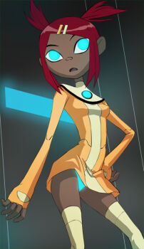 1girl blue_eyes dark-skinned_female dark_skin female_focus haruyama_kazunori panties pantyshot red_hair sari_sumdac solo tan thighhighs transformers transformers_animated underwear upskirt