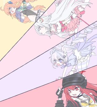 4girls :d ^_^ adjusting_clothes adjusting_headwear ahoge alternate_costume aqua_bow aqua_neckerchief arm_up bare_shoulders black-framed_eyewear black_background black_choker black_gloves black_jacket black_leotard blue_archive blue_eyes blue_hair blue_sailor_collar blue_shrug blue_trim blunt_bangs blush bow bowtie braid breasts choker closed_eyes color-coded combat_helmet cosplay cowboy_shot curly_hair detached_sleeves diamond_hair_ornament dress drill_hair earrings evil_smile feather_hair fingerless_gloves floating_clothes frilled_thigh_strap full_body garter_straps glasses gloves grey_sailor_collar groin hair_between_eyes hair_intakes hair_ornament half_gloves halo hand_up helmet highleg highleg_leotard highres holding holding_staff jacket jewelry large_breasts leotard logo long_coat long_hair long_sleeves looking_ahead low_twin_braids magical_girl multicolored_hair multicolored_thighhighs multiple_girls neckerchief official_alternate_costume official_alternate_hairstyle open_mouth orange_hair pantyhose pink_bow pink_hair pink_halo puffy_short_sleeves puffy_sleeves purple_bow purple_bowtie purple_hair purple_pantyhose purple_ribbon purple_shoes rabu_(blue_archive) red_eyes red_hair red_halo reisa_(blue_archive) reisa_(magical)_(blue_archive) ribbon sailor_collar semi-rimless_eyewear sharp_teeth shimiko_(blue_archive) shimiko_(magical)_(blue_archive) shoes short_sleeves shrug_(clothing) sideless_leotard sidelocks simple_background smile soles solo staff star_(symbol) star_earrings star_hair_ornament star_halo strapless strapless_dress streaked_hair striped_clothes striped_pantyhose super_highleg suzumi_(blue_archive) sweat takahisayuki teeth thigh_strap thighhighs thighs twin_braids twintails two-tone_hair under-rim_eyewear v- very_long_hair wavy_mouth white_background white_dress white_gloves white_hair white_thighhighs white_trim yellow_neckerchief