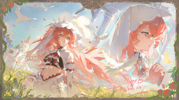 Rule 34 | 1girl, absurdres, ascot, bird, border, commission, cowboy shot, dove, eyelashes, floating hair, flower, grass, green eyes, hair ornament, happy birthday, highres, jiu gao bomu wang, layered ascot, long sleeves, looking afar, mihuashi commission, multiple girls, navel, original, own hands clasped, own hands together, parted lips, pink hair, profile, red flower, red rose, rose, thorns, veil, watermark, white bird, white flower, white veil