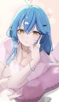 Rule 34 | 1girl, ahoge, blue hair, breasts, cleavage, closed mouth, double-parted bangs, edge ill, hair between eyes, hair ornament, hand up, hashtag-only commentary, heart, heart ahoge, highres, hololive, index finger raised, long hair, looking at viewer, multicolored hair, pillow, pink shirt, pointy ears, shirt, short sleeves, smile, solo, streaked hair, upper body, virtual youtuber, yellow eyes, yukihana lamy