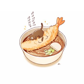 bowl cat chai_(drawingchisanne) food kicking no_humans noodles original shadow shrimp shrimp_tempura signature soba solo tempura undersized_animal white_background