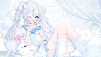 Rule 34 | 1girl, bare shoulders, blue bow, blue bowtie, blue choker, blue eyes, blue nails, bow, bowtie, braid, choker, commentary request, commission, double bun, frilled choker, frilled shirt, frills, hair bow, hair bun, heart, heart-shaped hair, heart hands, highres, indie virtual youtuber, leg warmers, long hair, looking at viewer, lying, midriff, miniskirt, mmmow, off-shoulder shirt, off shoulder, on bed, one eye closed, sample watermark, scrunchie, shirt, short sleeves, single braid, skirt, solo, stuffed toy, twintails, virtual youtuber, watermark, white bow, white hair, white leg warmers, white scrunchie, white skirt