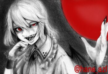 1girl ascot collared_shirt commentary_request fingernails frilled_shirt_collar frills hair_between_eyes hand_up hane_(azelye) long_bangs looking_at_viewer monochrome open_mouth red_eyes remilia_scarlet sharp_teeth shirt short_hair smile solo spot_color teeth touhou twitter_username upper_body wrist_cuffs