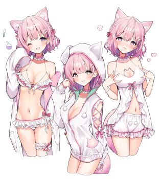 1girl :3 absurdres animal_ear_fluff animal_ears animal_hands animal_hood antenna_hair arm_cutout armlet bare_shoulders bikini bloomers braid breasts choker cleavage clothing_cutout collarbone commentary_request cropped_legs fang fingernails flower_choker frilled_bikini frilled_choker frilled_thigh_strap frills green_hoodie hakui_koyori hakui_koyori_(summer) head_tilt heart heart_in_eye highres hololive hood hoodie jewelry large_breasts long_sleeves looking_at_viewer mayonnaise_bottle medium_hair multicolored_hoodie nail_polish navel neru5 one_eye_closed open_mouth paw_ornament pink_bloomers pink_choker pink_hair pink_nails pink_ribbon pink_tail pocket purple_eyes ribbon simple_background sleeves_past_fingers sleeves_past_wrists smile solo_focus stomach swimsuit symbol_in_eye tail thigh_strap thighs underwear virtual_youtuber white_background white_bikini white_bloomers white_choker white_hoodie wolf_ears wolf_girl wolf_tail zipper zipper_pull_tab