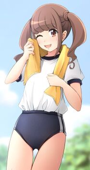 1girl blue_buruma blue_sky brown_eyes brown_hair buruma cloud commission cowboy_shot day eyebrows_hidden_by_hair flat_chest gluteal_fold gym_shirt gym_uniform healin&#039;_good_precure hiramitsu_hinata long_hair one_eye_closed outdoors precure shibacha shirt skeb_commission sky solo t-shirt thigh_gap towel towel_around_neck twintails twintails_with_hair_base white_shirt