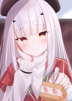 1girl beret blush brown_eyes brown_hat cake cake_slice closed_mouth commentary_request fate/grand_order fate_(series) food fork fruit hand_up hat highres holding holding_fork indoors long_hair long_sleeves looking_at_viewer melusine_(fate) puffy_long_sleeves puffy_sleeves ribbed_sweater riya_(01214) shawl smile solo strawberry sweater turtleneck turtleneck_sweater upper_body very_long_hair white_sweater