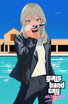 1girl absurdres aircraft airplane black_choker black_jacket black_pants blue_sky brand_name_imitation building choker commentary contrail cowboy_shot fromgod_jungle girls_band_cry grand_theft_auto grand_theft_auto:_vice_city grey_eyes grey_hair highres jacket kawaragi_momoka long_hair looking_at_viewer outdoors pants removing_eyewear shirt sky solo sunglasses symbol-only_commentary t-shirt white_shirt