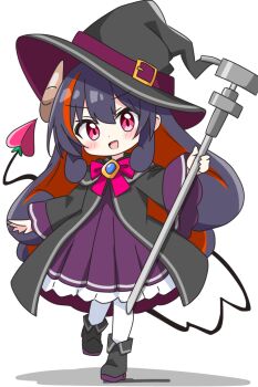 1girl :d alternate_costume alternate_eye_color alternate_hair_color black_boots black_coat black_hat blush boots bow bowtie coat commentary_request curled_horns demon_girl demon_horns demon_tail dot_nose dress frilled_dress frills full_body hat horns kotatsu-mazoku lilith_(homunculus)_(machikado_mazoku) lilith_(machikado_mazoku) long_hair long_sleeves looking_at_viewer machikado_mazoku multicolored_hair open_mouth orange_hair pink_bow pink_bowtie pink_eyes pleated_dress purple_dress purple_hair simple_background smile socks solo standing standing_on_one_leg tail two-tone_hair white_background white_socks wide_sleeves witch_hat