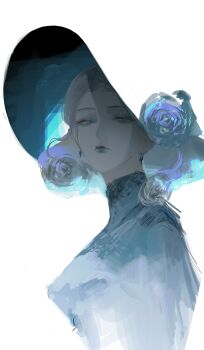 Rule 34 | 1girl, absurdres, bleeding, blood, blue theme, dress, expressionless, flower, from side, hat, hat flower, highres, looking at viewer, original, rose, simple background, solo, turtleneck, turtleneck dress, waffle820, white background